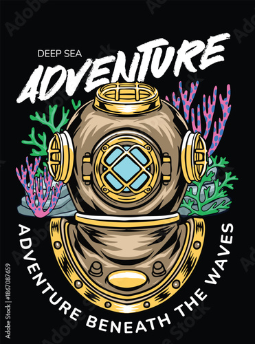 vintage diver helmet illustration in detailed hand drawn style for tshirt design