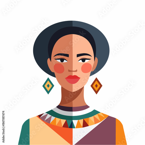 Woman with colorful geometric patterned clothing.