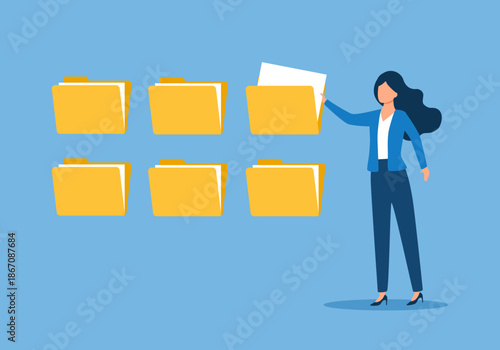 Organize files folder or archive document to be index, administration work, plan or file management, arrange online data or paperwork concept. Businesswoman organize document file into archive folders
