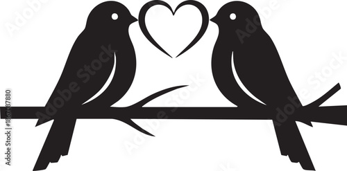 Two love birds sitting on branch with heart symbol