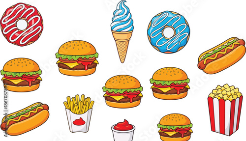 Fast food cartoon icon set, burgers donuts ice cream hotdog fries popcorn snacks, colorful hand drawn vector illustration, collection design