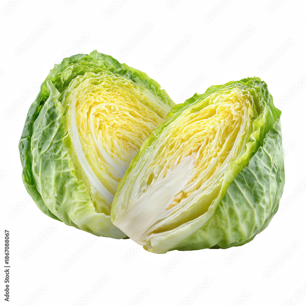 Obraz premium Fresh green cabbage cut in half isolated on transparent background. 