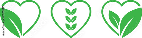 Green heart leaf icons set, eco friendly love nature symbols, organic healthy lifestyle concept, environmental care, clean flat vector illustration