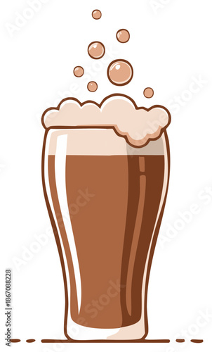 A refreshing glass of dark beer with frothy foam and rising bubbles