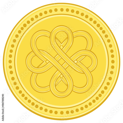 Golden Coin with Endless Knot Design, Ancient Symbol, Vector Illustration