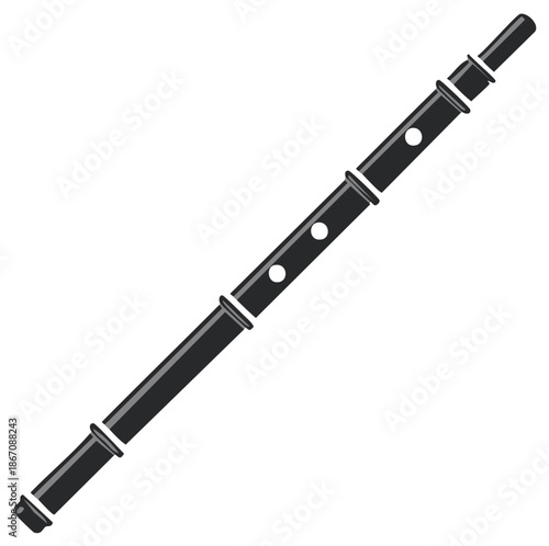 Simple Black Flute Woodwind Musical Instrument with Holes and Rings