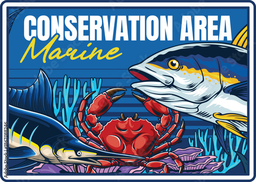 marine conservation poster with tuna as the main object and coral reefs
