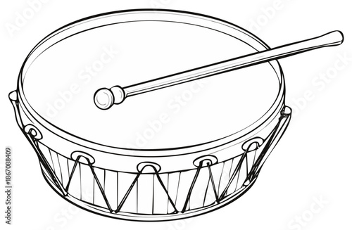 Line Art Drum with Drumstick for Musical Performance or Percussion Instrument Graphics