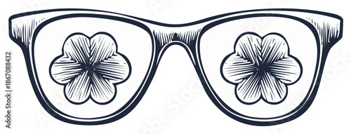 Eyeglasses reflecting lucky four leaf clovers in a vintage etched style