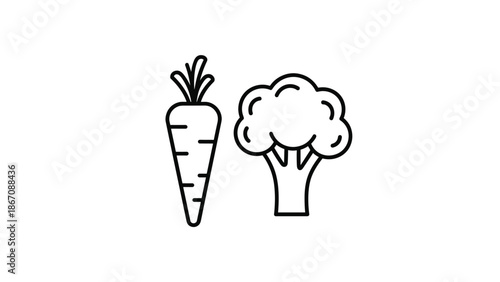A simple line drawing of a carrot and a broccoli floret, representing healthy food and vegetables
