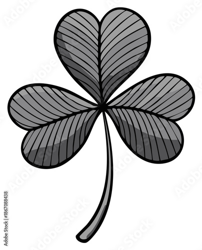 Stylized three leaf clover illustration with detailed stripes in gray scale, vintage artistic representation of Irish good luck symbol, graphic design element