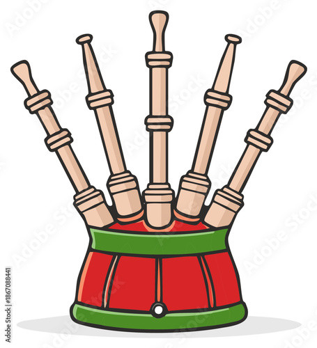 Stylized Bagpipes Illustration with Red and Green Accents Musical Instrument