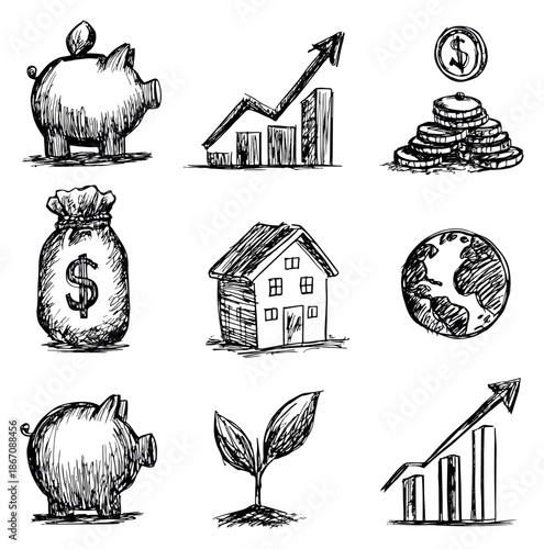 Hand drawn business and finance icons set featuring various financial and growth symbols for economy and investment concepts