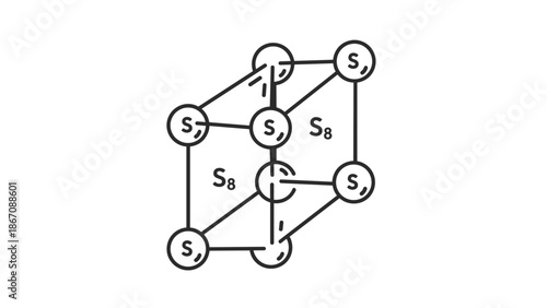 A line drawing of the cubic crystalline structure of sulfur (S8) molecules, showing atomic arrangement