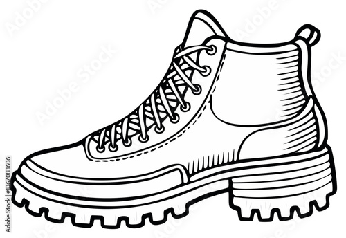 Detailed vector line art illustration of a sturdy hiking boot with prominent laces and a chunky sole