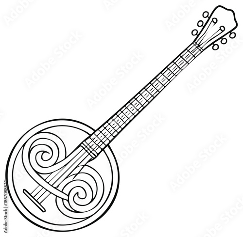 Black and white illustration of a traditional banjo instrument.