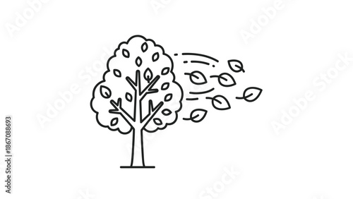 A line art illustration of a tree with leaves being blown away by the wind, symbolizing autumn or change