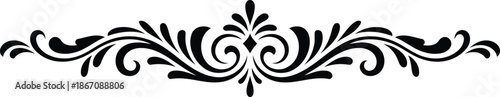 An elegant black symmetrical scrollwork ornament with flowing curves and leafy flourishes on a simple white background