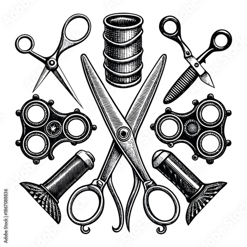 Vintage Tailoring and Sewing Tools Hand Drawn Engraving Style Vector Set