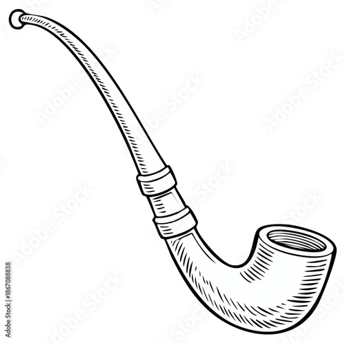 Ink drawing of a tobacco pipe with a long curved stem