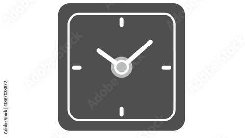 A dark grey square icon with a clock face and hands, representing time, schedule, or a timepiece