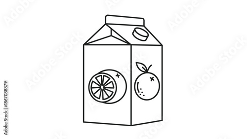 A line drawing of a carton of orange juice with a slice of orange and a whole orange on the side