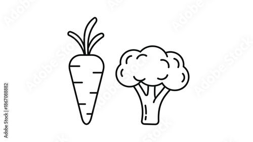 A black and white line drawing of a carrot and a broccoli floret, symbolizing healthy eating and fresh produce