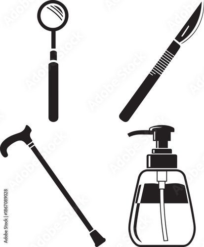 Minimalist black and white illustration of magnifying glass, scalpel, cane, and soap dispenser on a white background