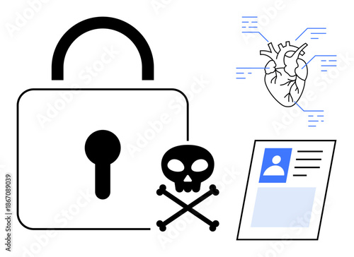Data security concept. Lock cybersecurity, skull indicating threats, and ID card related to identity protection. Data security ensures information integrity. For tech, health, digital privacy