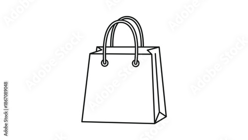 A black and white line drawing of a simple shopping bag with handles, representing retail, shopping, or carrying purchases