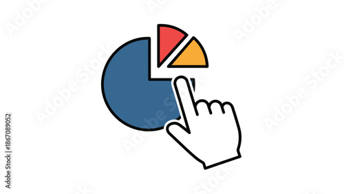 A colorful pie chart with segments being selected by a hand cursor, illustrating data analysis or selection