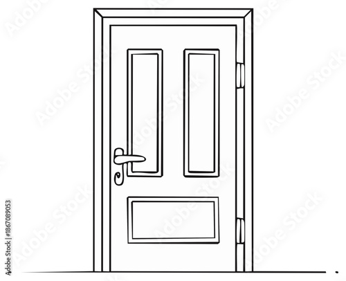 Simple black and white line art illustration of a closed front door sketch