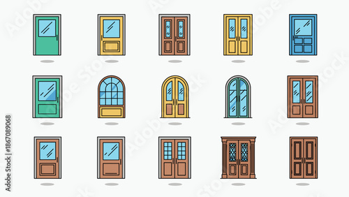 A collection of colorful door illustrations in various styles and colors, representing entryways and architectural elements