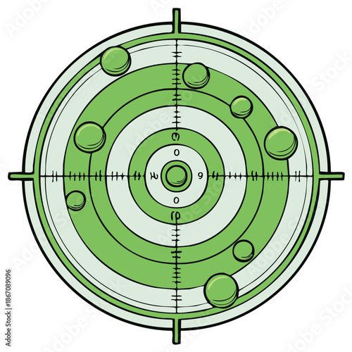 Target scope with green rings and circular hits depicted in a cartoonish style