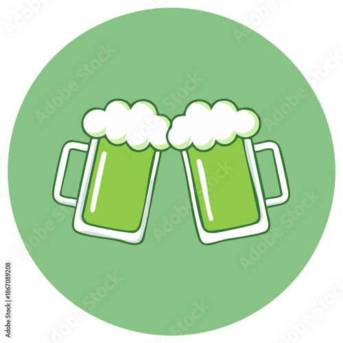 St Patrick's Day celebration icon with two clinking mugs of green beer cartoon illustration