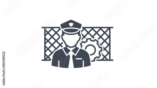 A stylized icon of a security guard standing in front of a fence and a gear, representing security or industrial safety