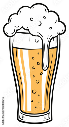 Refreshing golden beer in a tall glass with thick frothy foam dripping down, cartoon illustration