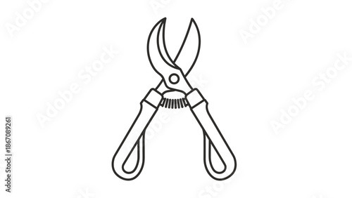 A black and white line drawing of pruning shears, also known as secateurs, with a spring mechanism