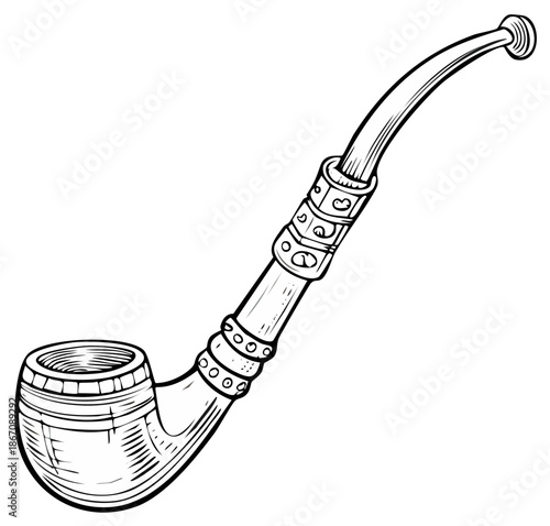 Vintage smoking tobacco pipe with ornate details in a hand drawn black and white illustration
