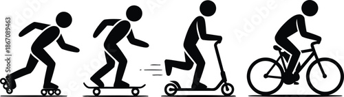 Black silhouette figures demonstrating various personal wheeled transportation methods like roller skates, skateboards, scooters, and bikes