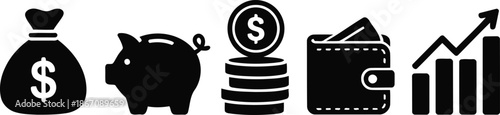 Black silhouette icons representing various financial concepts including savings, wealth, and market growth
