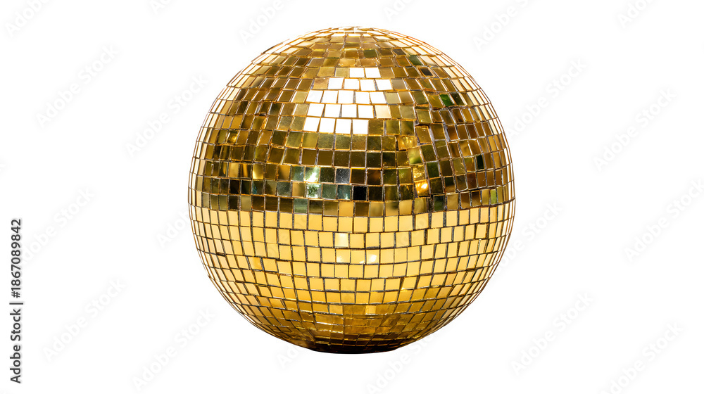 Obraz premium A shiny golden disco ball isolated on a dark background creates a glittering sphere of light and reflection for a party or nightclub celebration
