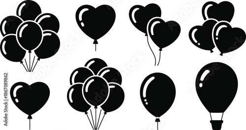 Collection of black balloon silhouettes including round, heart shaped, and hot air designs on white