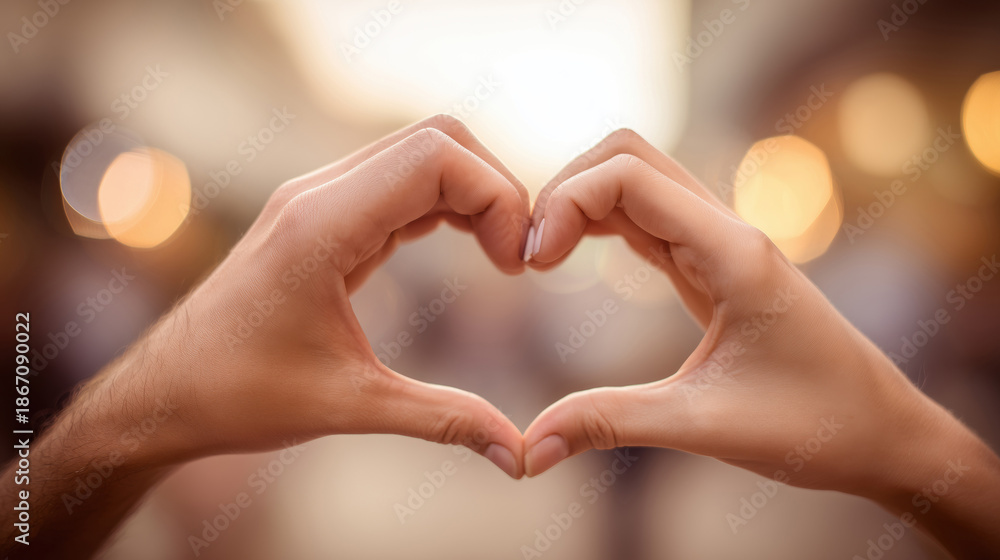 Fototapeta premium Close-up of hands forming perfect heart shape against warm bokeh background