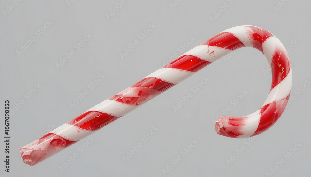 Fototapeta premium A red and white striped candy cane against a plain gray background