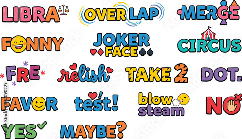 Colorful playful word stickers set, funny yes maybe no circus joker face overlap merge cartoon typography illustration design