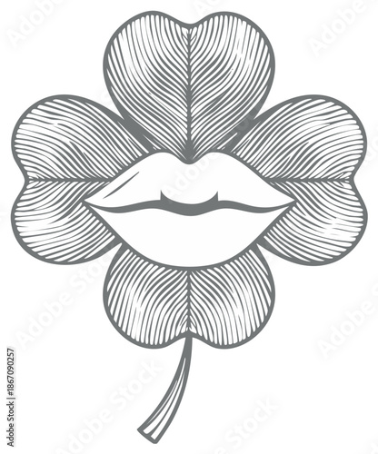 Four Leaf Clover with Kissing Lips Engraving Style Illustration