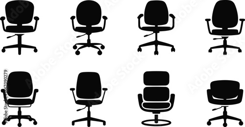 Collection of eight modern ergonomic black office chairs for comfortable seating solutions in professional workspaces