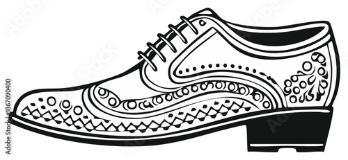 Elegant shoe illustration in black and white with decorative details.