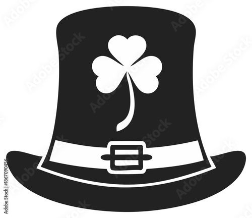 Elegant black top hat adorned with a white band, buckle, and a lucky shamrock for Irish celebrations.